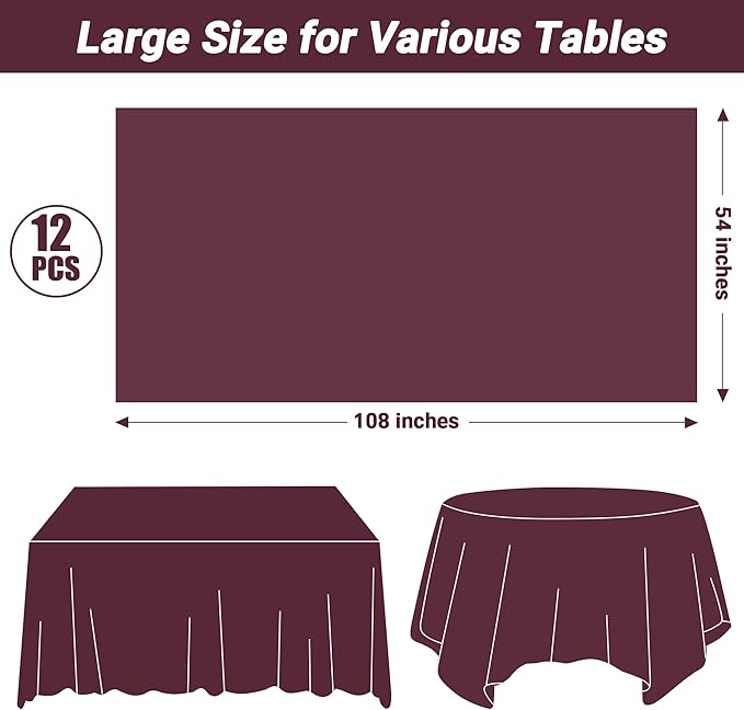 QZYL 12 PCS Wine Plastic Tablecloths, 54 in x 108 in Dinner Table Cloths - Image 2