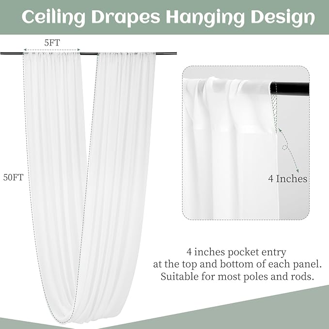 6 Panels White Wedding Ceiling Drapes 5ftx50ft Ceiling Drapes Chiffon Fabric - Image 3