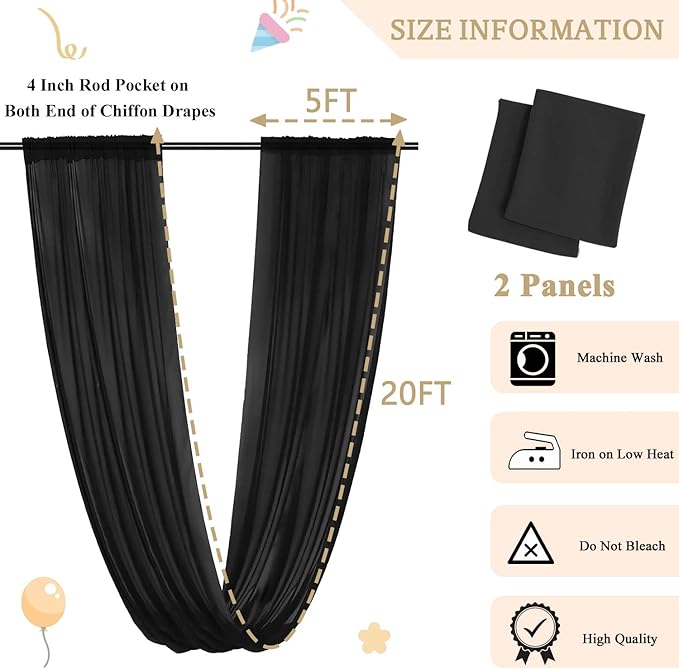 MODFUNS Black Ceiling Drapes for Weddings 2 Panels 5x20 FT Chiffon Wedding Arch - Image 2