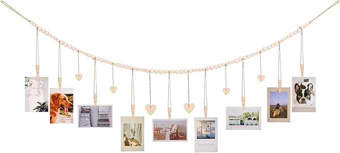 Hanging Photo Display with Clips, 9 Wood Clips, Boho Picture Frames Collage by KLOGTSINDDirect