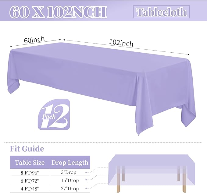 12 Pack 60 x 102 Inch Rectangle Tablecloth Lavender Polyester Tablecloth - Image 2