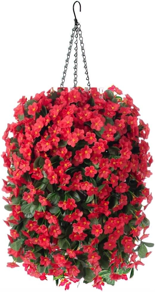 Artificial Fake Red Hanging Flowers Plants Basket - Image 7