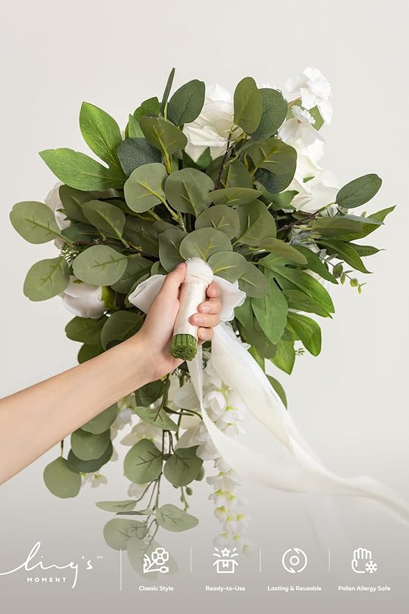 Ling's moment White Bridal Bouquet Cascading, 13 Inch Ivory Bride Bouquets - Image 3