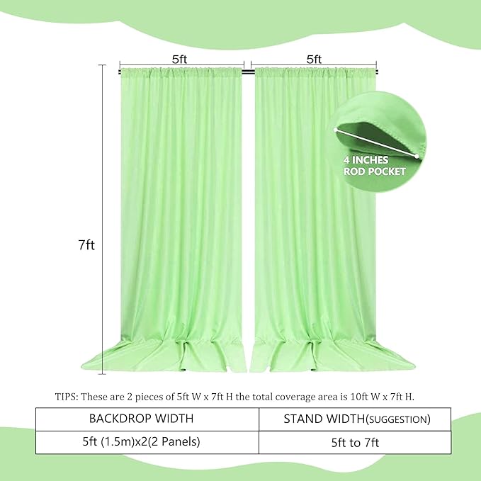 2 Panels Light Green Backdrop Curtain, 10 x 7 Feet Background Curtains - Image 2