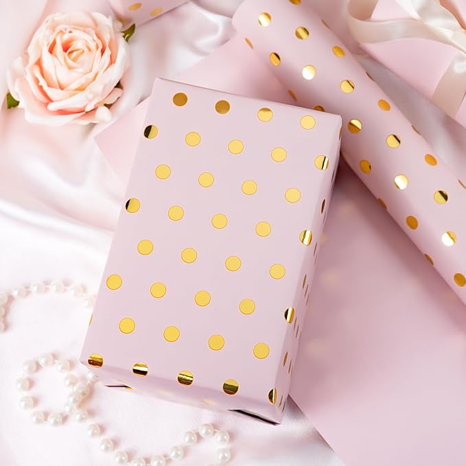 Flyhill Pink Wrapping Paper Roll, Reversible Mini Roll Gold Foil Polka Dot Gift - Image 6