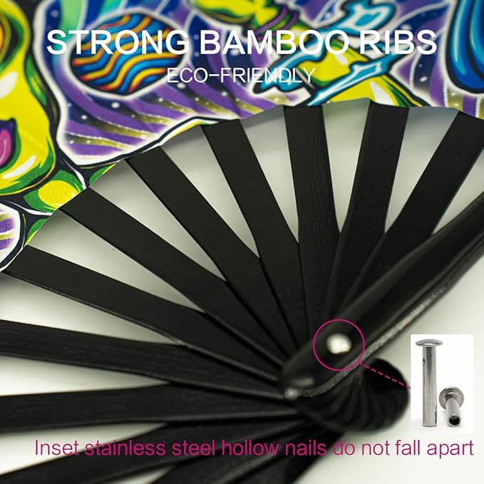 13" Large Rave Fan Bamboo, Folding Clack Hand Fans Foldable - Image 3