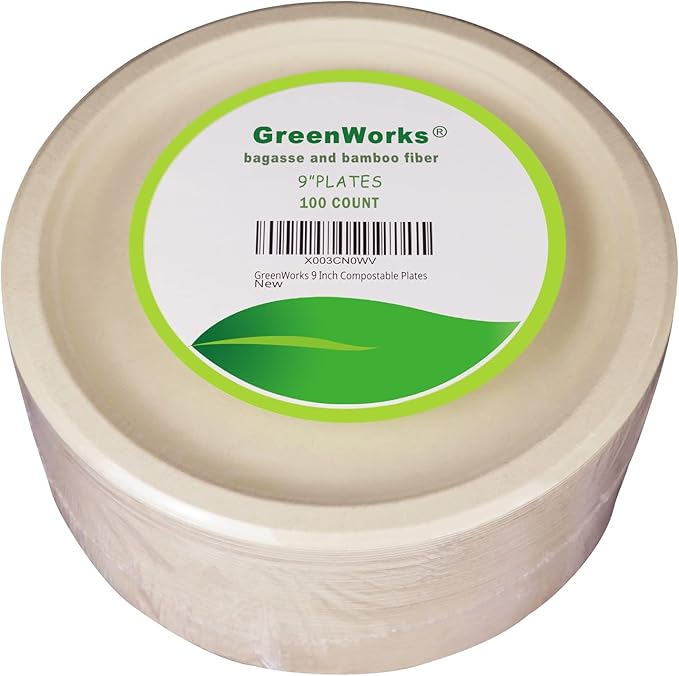 GreenWorks 100 Count 9“ Heavy-duty Compostable Plates, Unbleached Biodegradable - Image 3