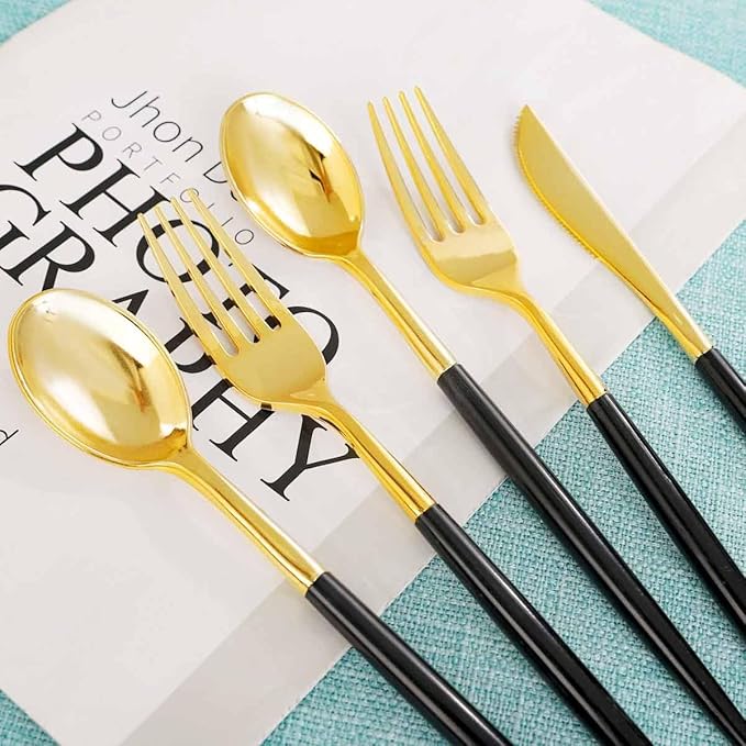 Rubtlamp 96 Pcs Gold Disposable Silverware, Plastic Cutlery, 32Knives - Image 6