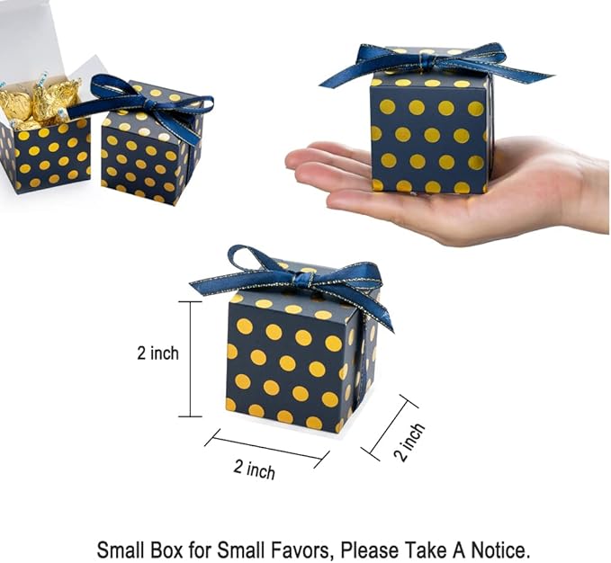 Navy Blue Gift Candy Box with Gold Dots Bulk 2x2x2 inches with Ribbon Party - Image 5