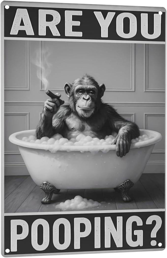 Bathroom Decor Wall Art – Funny Chimpanzee in Bathtub Tin Sign, 8x12 Inch Black by Unknown