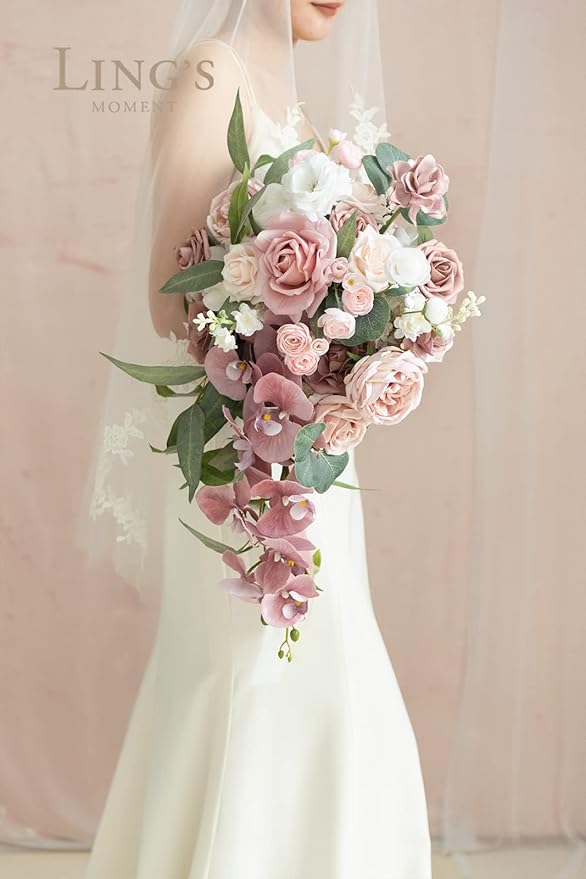 Ling's moment Dusty Rose Bridal Bouquet Cascading, 15 Inch Bride Bouquet - Image 5