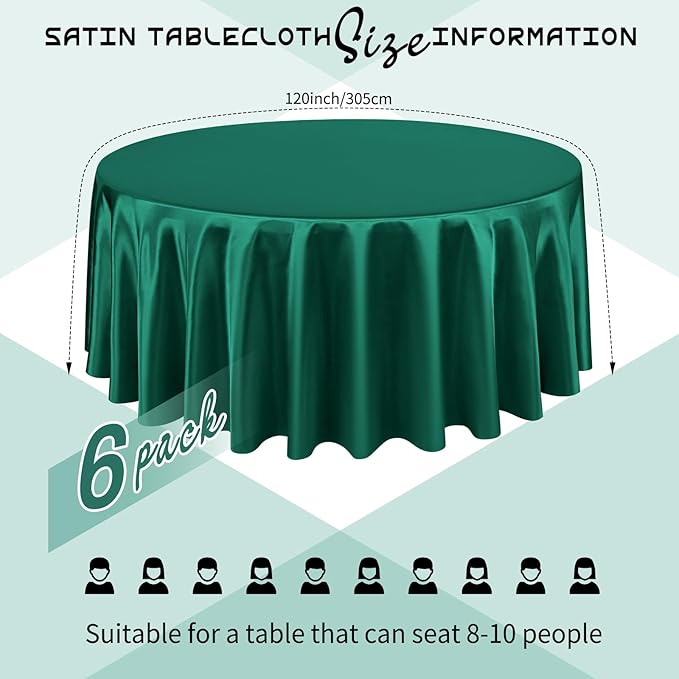 6 Packs Satin Tablecloth 120 Inch Dark Green Round Table Cloth Silk Tablecloth - Image 2