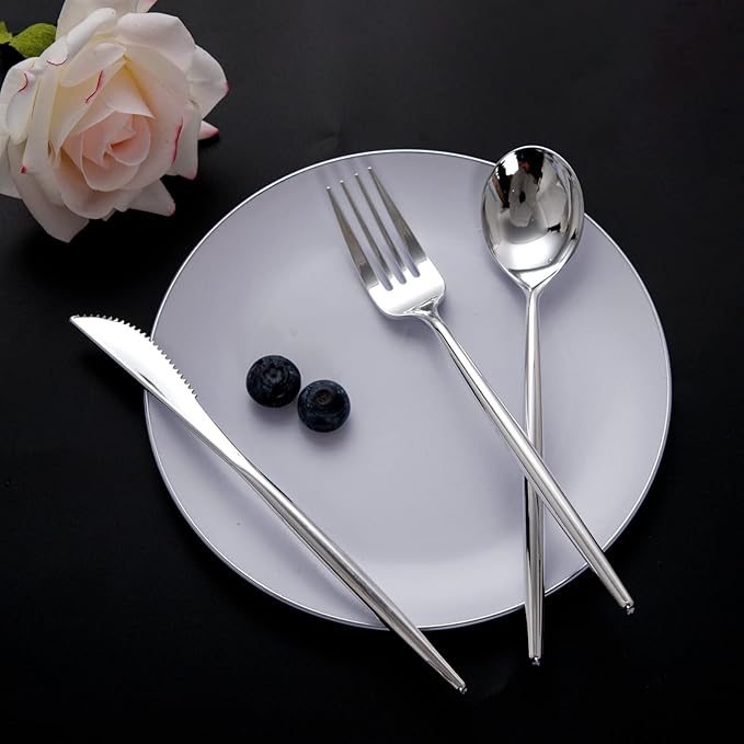 SUT 150Pcs Silver Plastic Silverware, Heavy Duty Disposable Silverware - Image 3