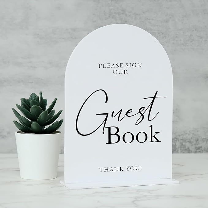 White Arch Acrylic Wedding Sign- 5"x7" Guest Book Sign and Base, 1/8" Thick | by JINMURY