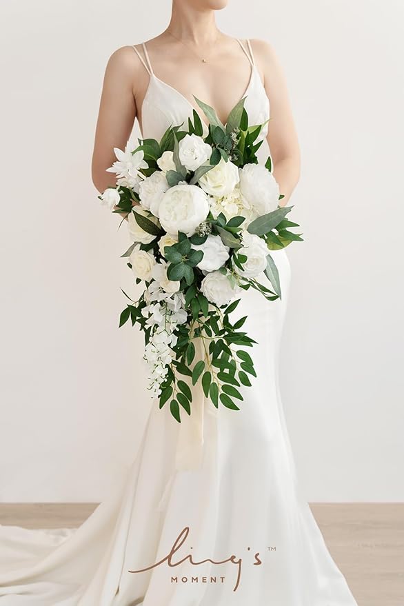 Ling's Moment White Bridal Bouquet Cascading, Ivory Wedding Bouquets - Image 4