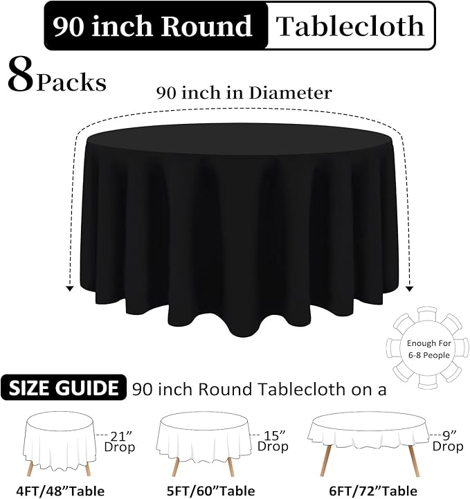 8 Pack Black Round Tablecloths 90 Inch Black Table Cloth Stain and Wrinkle - Image 2