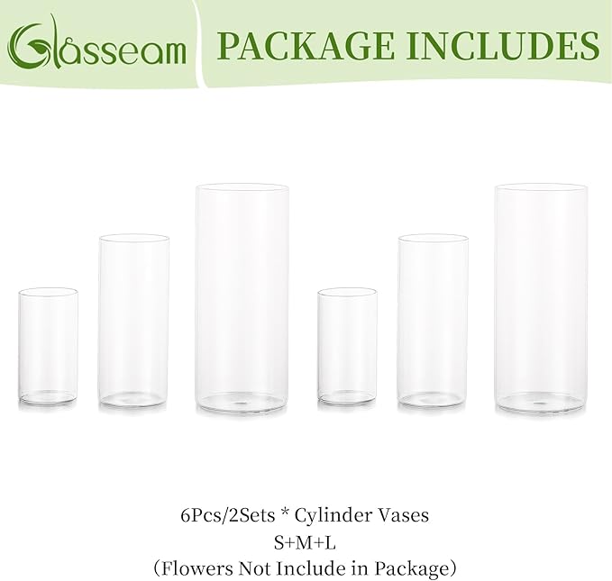 Glasseam Clear Cylinder Vases for Centerpieces, Glass Cylinder Vase Set of 6 - Image 7