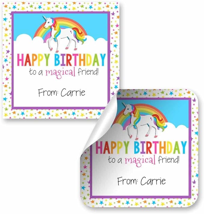 Custom & Personalized Rainbow Unicorn Happy Birthday Gift Tag Sticker Labels by AmandaCreation