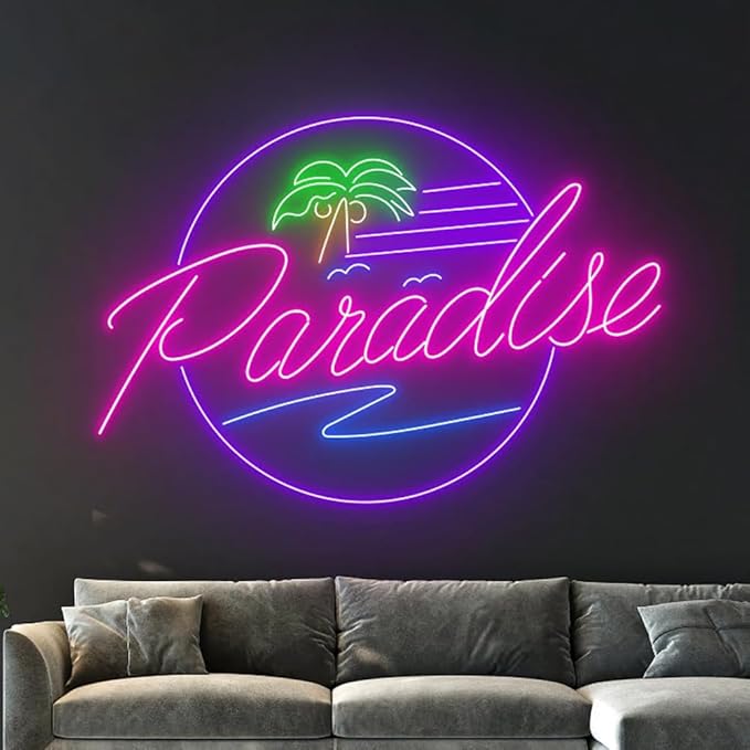 Paradise Ocean Waves Palm Tree Neon Sign, Beach Led Sign, Holiday Led Light by Rallctom
