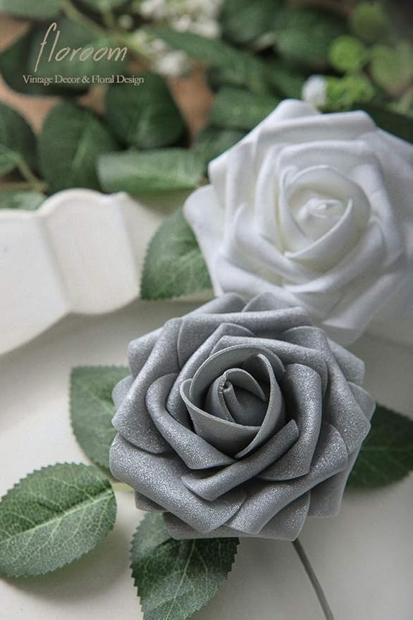 Floroom Artificial Flowers 50pcs Real Looking Shimmer Silver Grey Foam Fake - Image 5