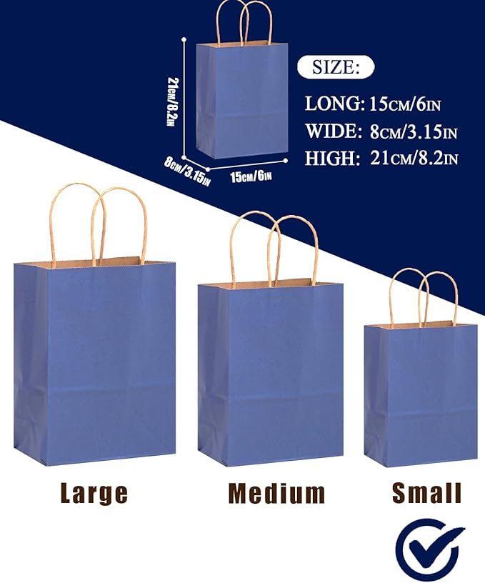 qiqee 50-Packs Gift Bag with Handles Bulk Kraft Deep Blue Paper Bags Multiple - Image 3