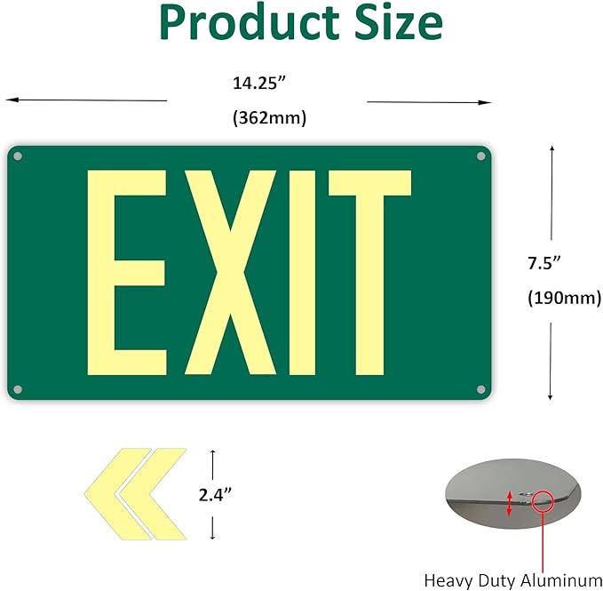 Photoluminescent Exit Sign, Glow In The Dark Aluminum Exit Sign Green - Image 2