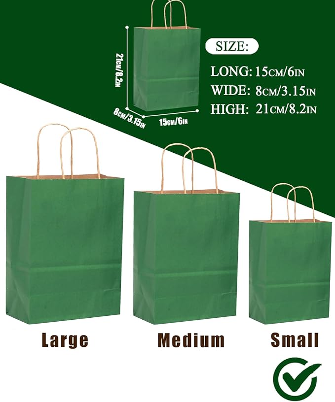 qiqee 50-Packs Gift Bag with Handles Bulk Kraft Deep Green Paper Bags Multiple - Image 3