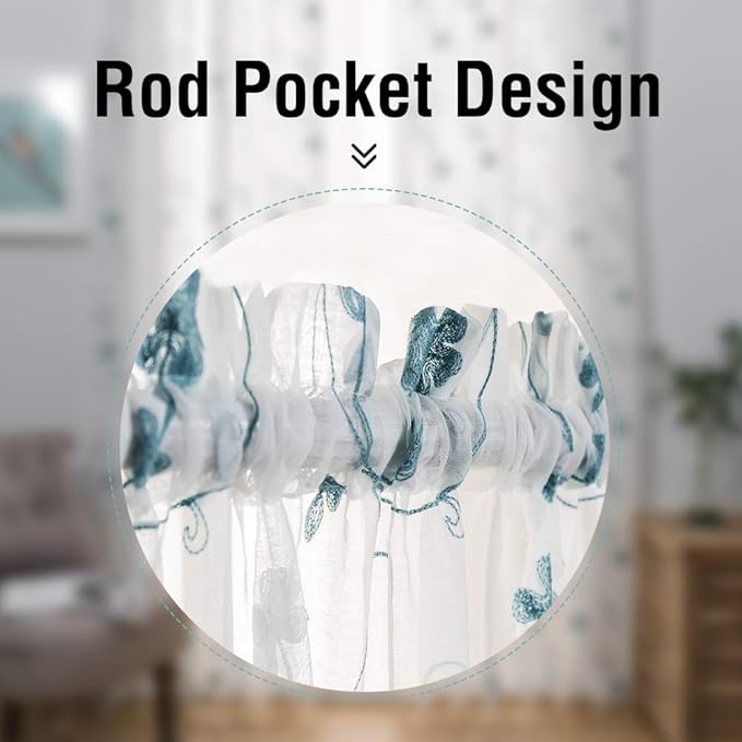 Sheer Curtains Blue 45 Inch Embroidered Floral, Rod Pocket Voile Drapes - Image 7