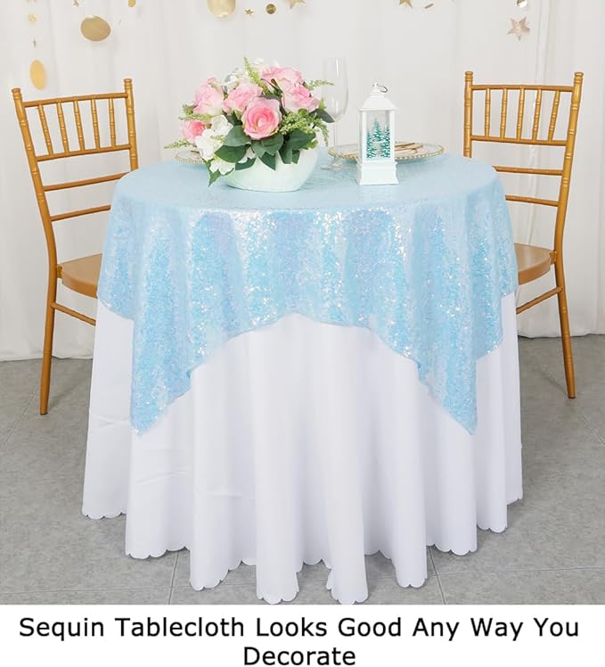 ShinyBeauty Iridescent Aqua Sequin Tablecloth Square Overlay Aqua Blue - Image 6