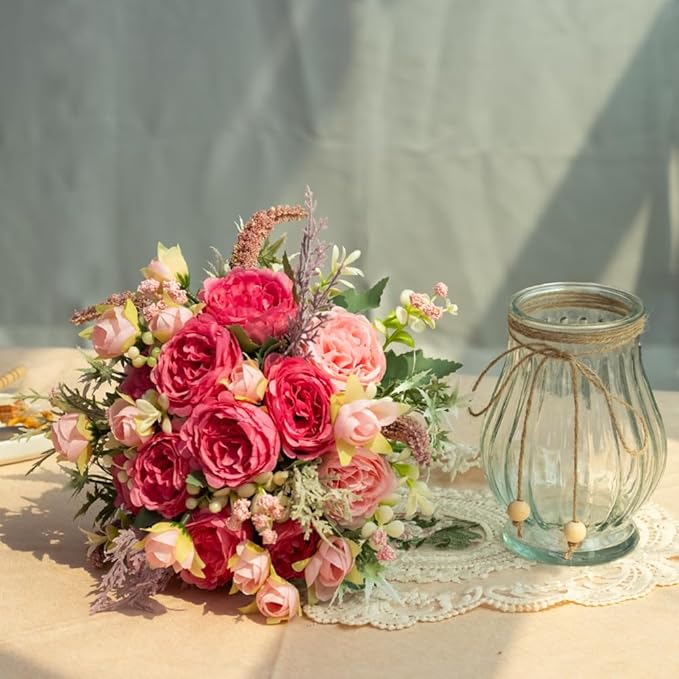 Artificial Peonies Silk Flowers Bouquet in Glass Vase Faux Flowers Bouquets by JARELING