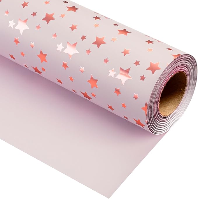 Burymento Gold Foil Five-Pointed Star Wrapping Paper, Reversible Pink Gift Wrap by BurymentoisaprofessionalwrappingpaperbrandThewrappingpaperismadeofkraftpaperpearlescentmatteglossyglitterbrushedlaserandothermaterialsdouble-sidedprintingbackcuttingandotherdetailsOriginalpatternscarefullymadewrappingpaperbrand