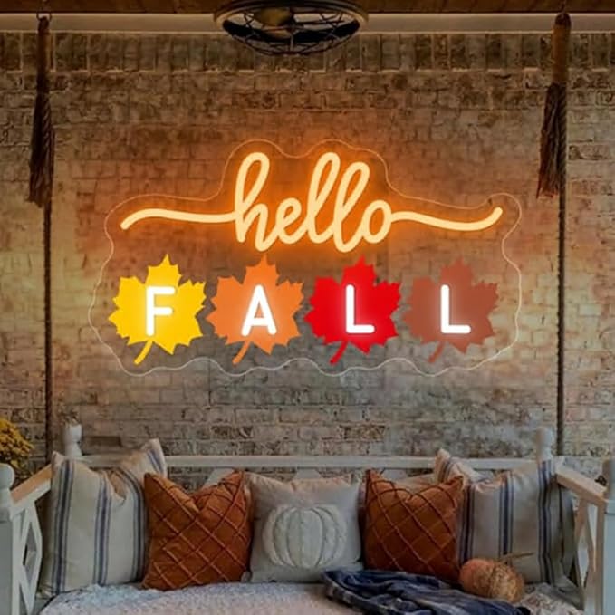 Hello Fall Leaves LED Neon Sign, Fall Home Bedroom Decor Neon Light UV Printing by BELISAMA