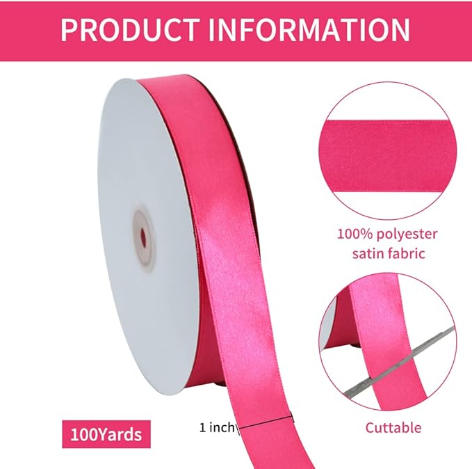 TONIFUL 1 Inch x 100yds Shocking Pink Satin Ribbon, Thin Solid Color Satin - Image 2