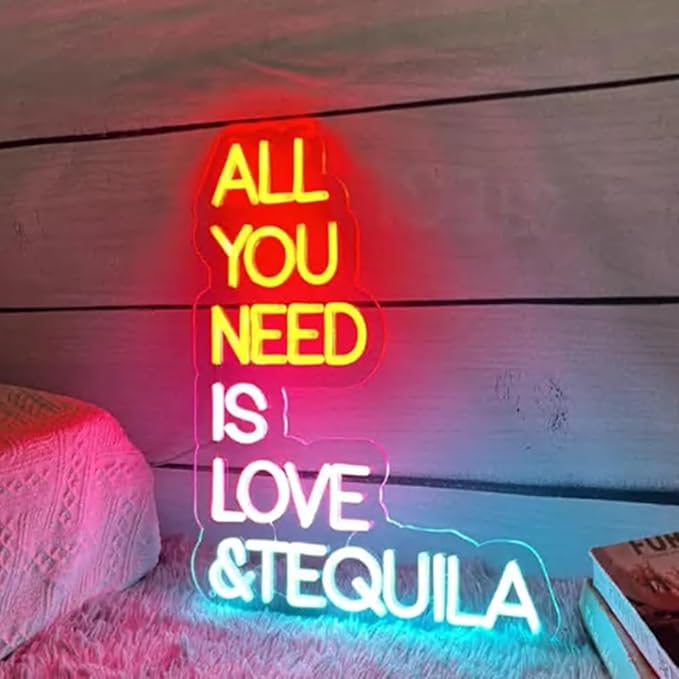 All You Need Is Love & Tequila Neon Sign, Custom Bar Neon Light Home Bar by BELISAMA