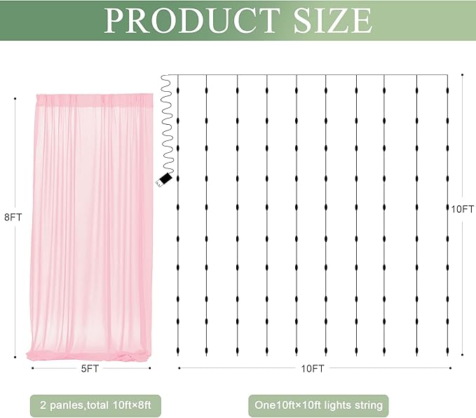 Tulle Backdrop Curtain with Lights String 10FT X 8FT Pink Sheer Tulle Backdrop - Image 2