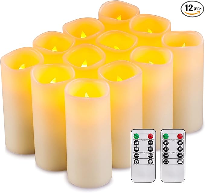 Flameless Candles Flickering LED Candles Set of 12 Ivory Real Wax Pillar by Enpornk