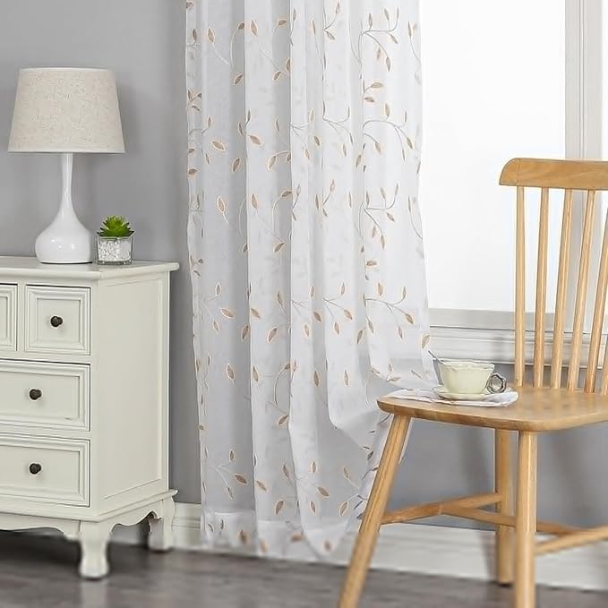 VISIONTEX White Sheer Voile Curtains, Decorative Orange Leaves Embroidery Faux - Image 7