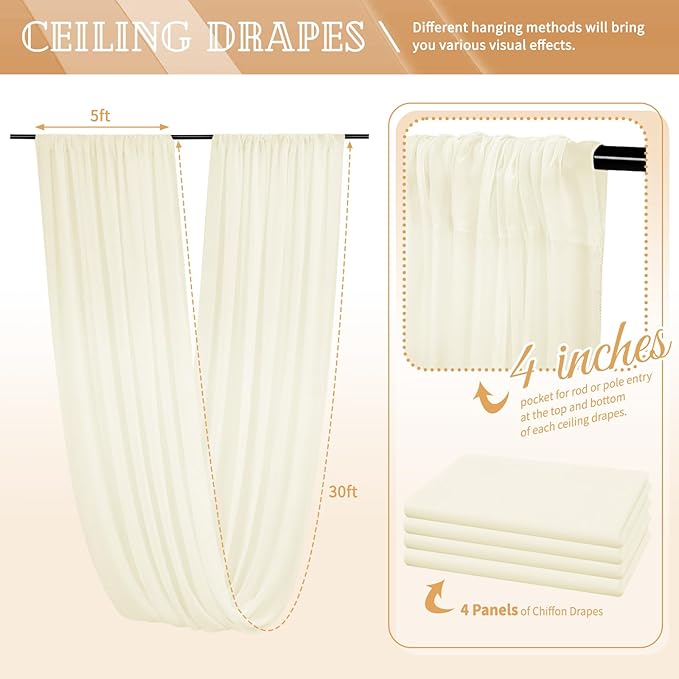 4 Panels Ivory Ceiling Drapes for Wedding 5ftx30ft Sheer Drapery Chiffon Fabric - Image 2