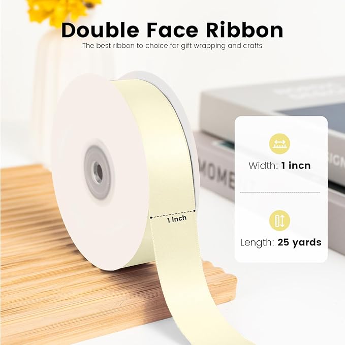 KMER LIFE 1 inch x 25 Yards Double Faced Polyester Ivory Satin Ribbon - Image 2