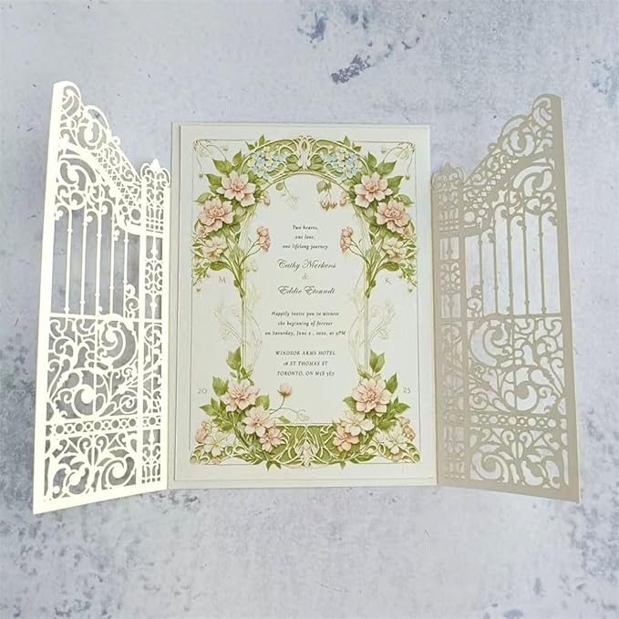 MillaSaw Pearl Ivory Laser Cut Wedding Invitation Card Fence Design - Image 2