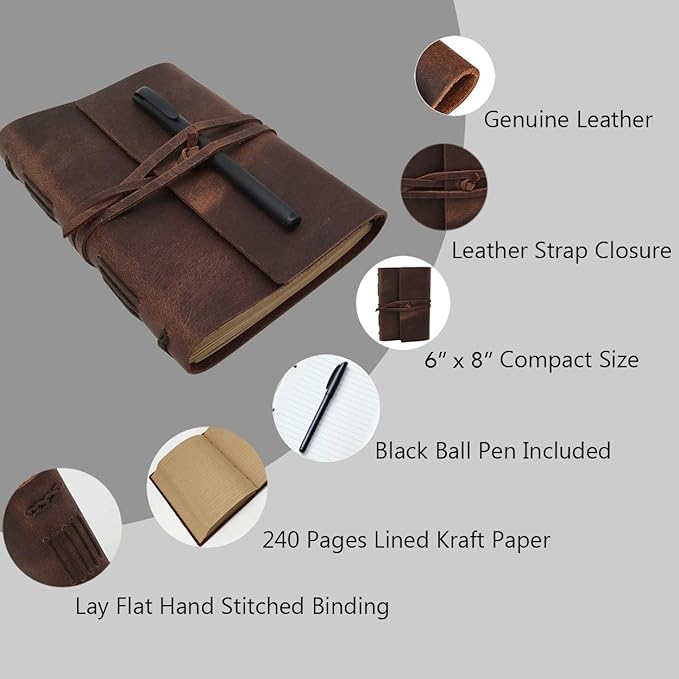 Leather Journal Notebook for Men & Women, A5 Size Diary, 6.2x8.5 Inch, Vintage - Image 3