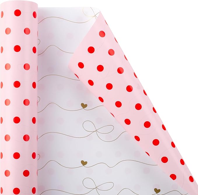 Flyhill Red Polka Dot Wrapping Paper, Reversible Pink Gold Elegant Bow & Heart by Flyhill