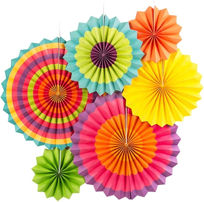 SUNBEAUTY Pack of 6 Hanging Paper Fans Party Carnival Circus Round Pattern by SUNBEAUTY
