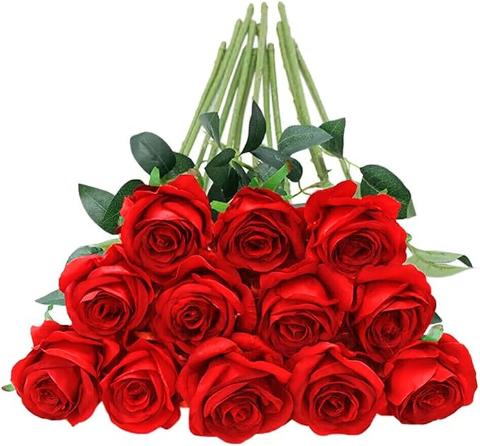 Tifuly 12 Pcs Red Roses Artificial Flowers, Realistic Long Stem Fake Silk Roses by Tifuly