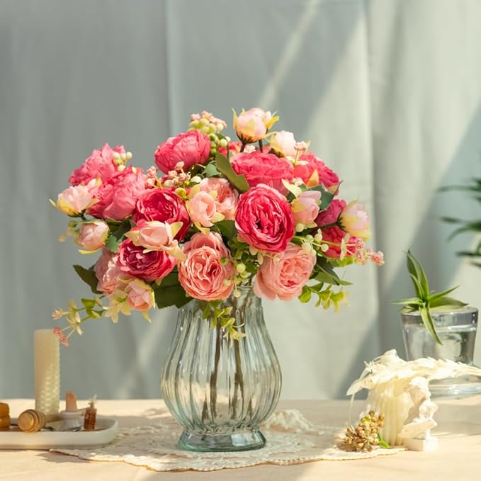 Artificial Peonies Silk Flowers in Glass Vase Faux Flowers Bouquets Modern - Image 2