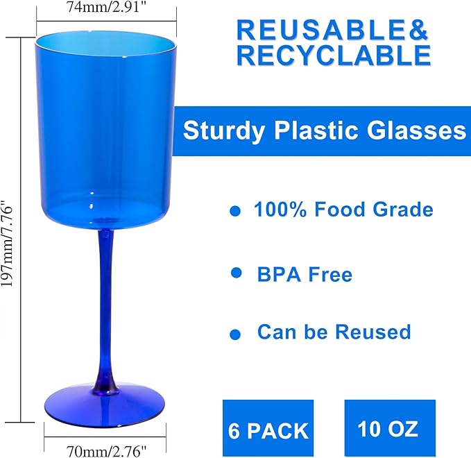 Ciaell 6 Pack Blue 10 Oz Plastic Wine Glasses - Image 2