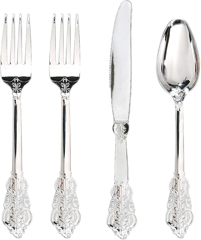 WDF 200 Pieces Silver Plastic Silverware Disposable by WDF