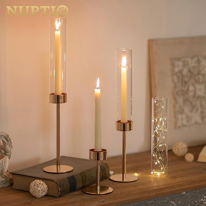 NUPTIO Candle Stick Holder for Wedding: 18 Pcs Tall Hurricane Gold Candles - Image 3