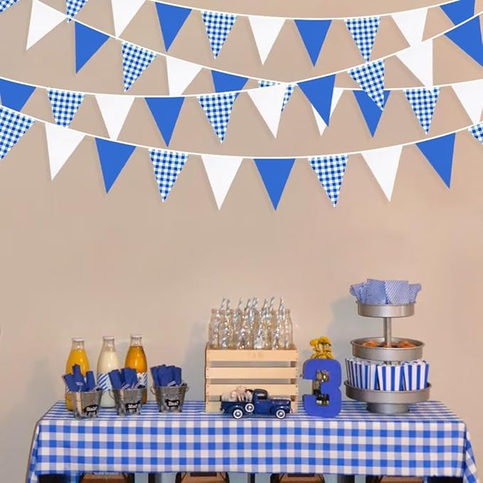 32Ft Deep Blue Party Decorations Blue Buffalo Plaid Checkered White Triangle - Image 5