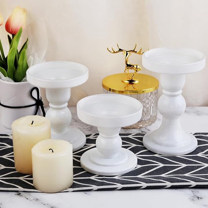 3-Piece Set of White Glass Candlestick, Crystal Candlestick Holder Holder and - Image 7